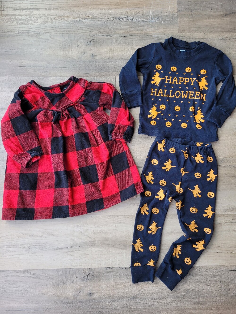 Kids Halloween Pajama Set and Red Black Plaid Flannel Dress / Tunic Bundle